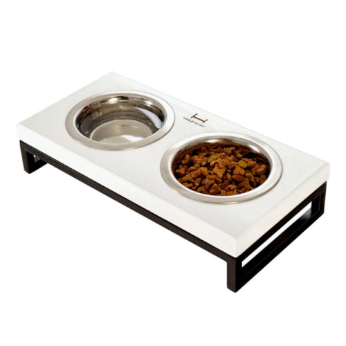 2 миски зі стільницею з натурального білого дерева на чорній металевій підставці