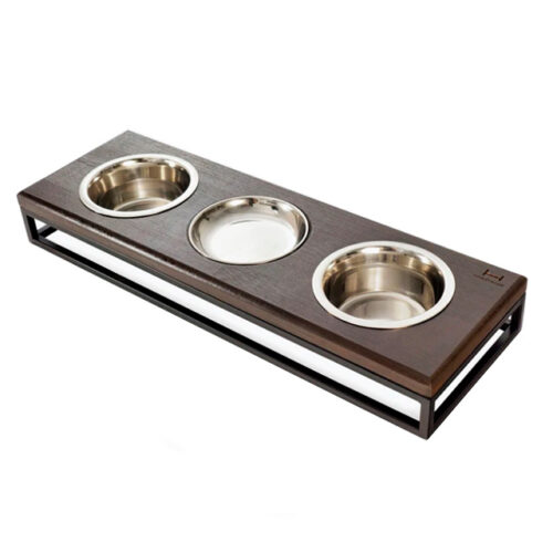 Столик для їжі з 3 мисками зі стільницею з натурального дерева на чорній металевій підставці