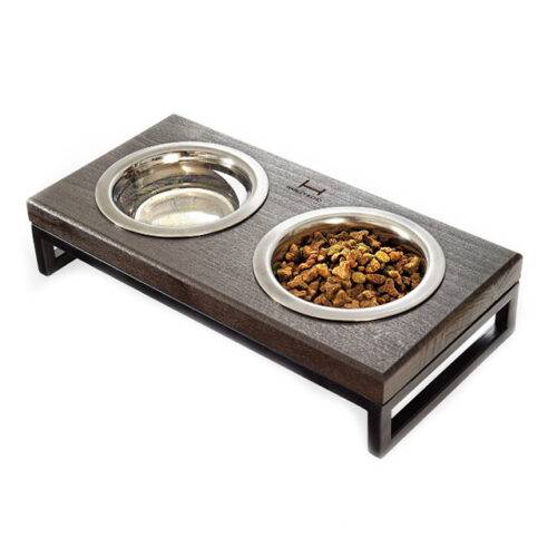 Підвійна миска на чорній металевій підставці зі стільницею коричневе дерево