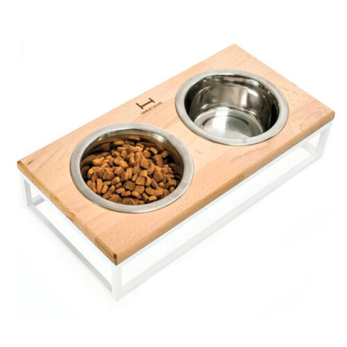 Підвійна миска на білій металевій підставці зі стільницею з натурального дерева