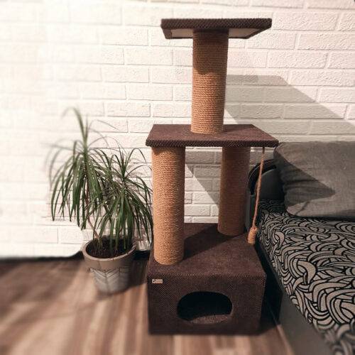 Two-storey complex for cats with a house, size 110x45x45 cm, brown