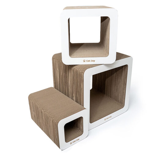 Stylish white-colored complex of scratching posts made of corrugated board